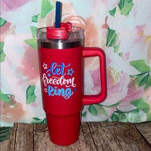 “Let Freedom Ring” Red Insulated Travel Mug with Handle